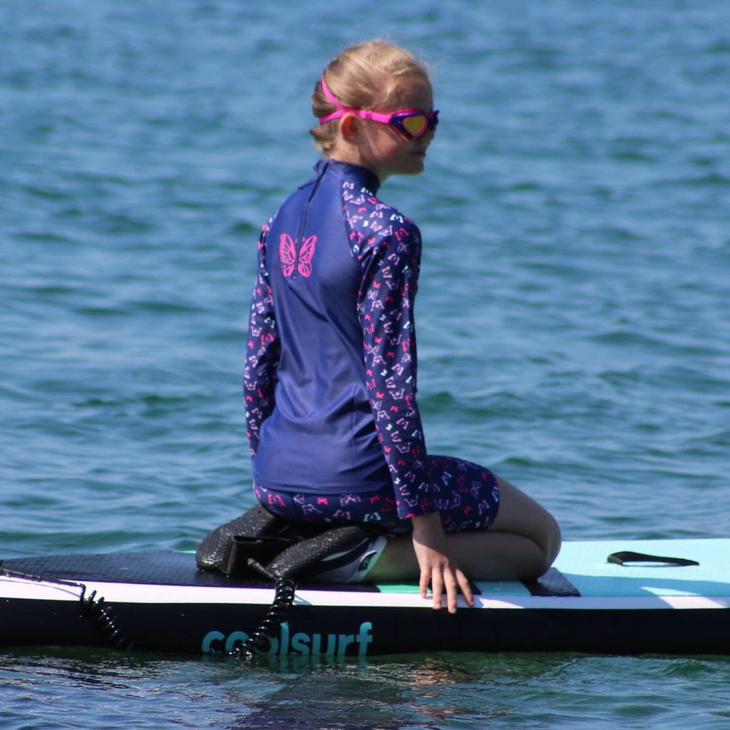 Beach Butterfly Kids butterfly Print Long Sleeve Rash Vest pink and indigo Ages 4-11 years - Jody and Lara