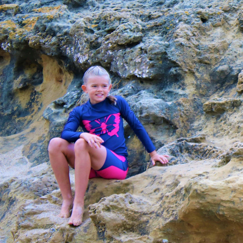Beach Butterfly Kids Hot Pink Swim Shorts with Indigo side stripe Ages 4-11yrs - Jody and Lara