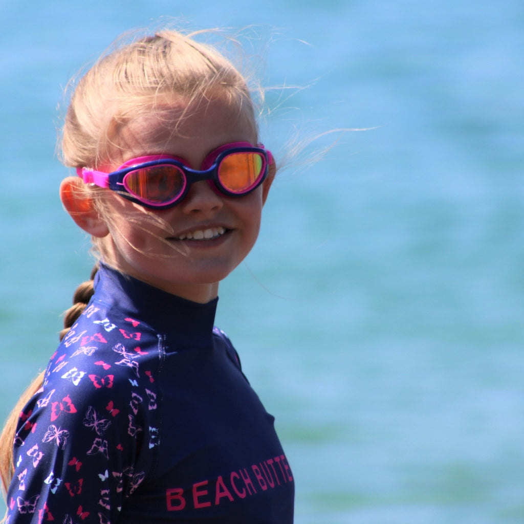 Beach Butterfly Pink and Indigo Kids Adult Mirrored tinted lenses UV400 Swimming Goggles Age 7 and Upwards - Jody and Lara