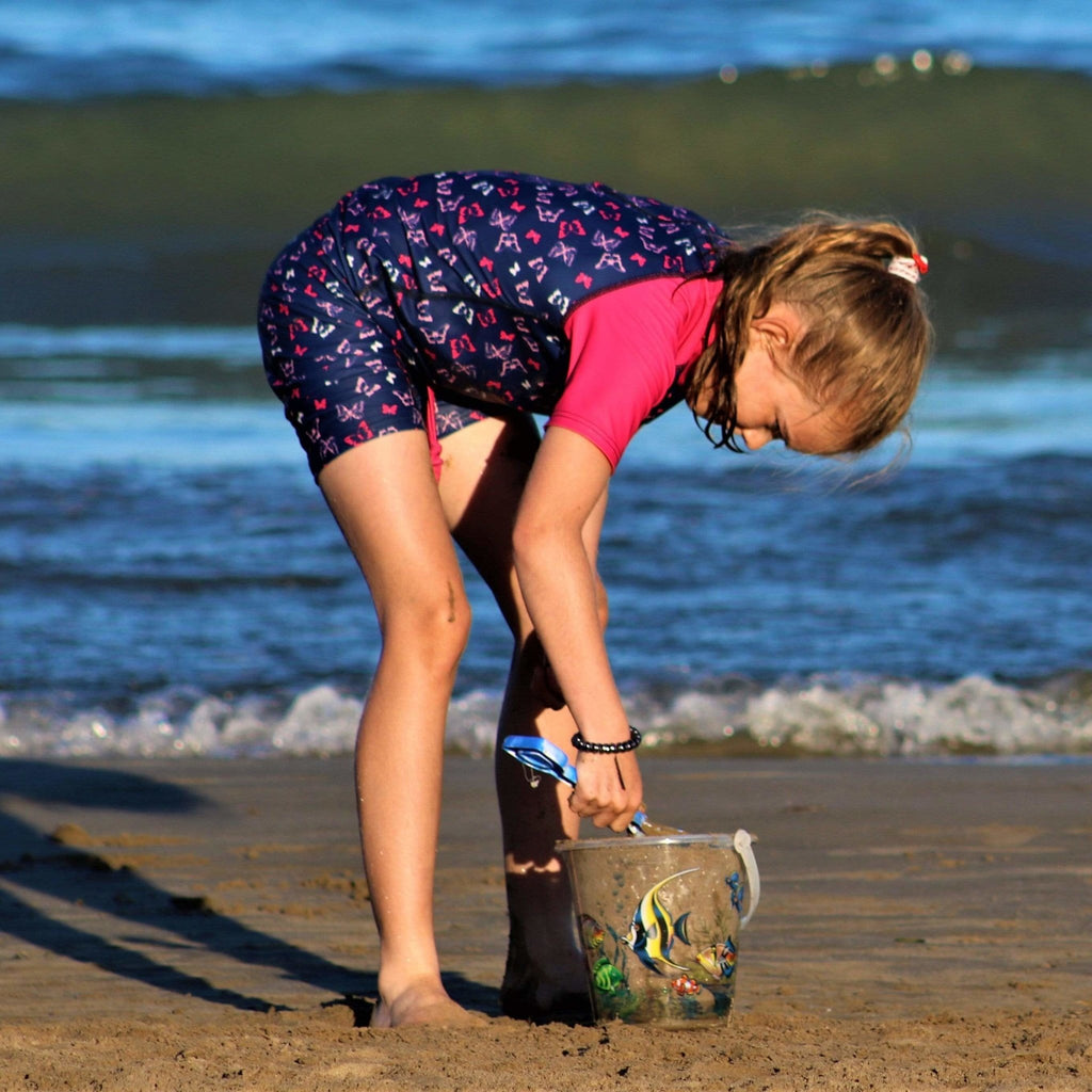 Beach Butterfly Print Kids Short Sleeve Rash Vest Indigo and Pink Age 4-11yrs - Jody and Lara