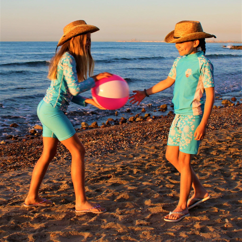 California Sunshine Turquoise and White floral Printed Kids Swim Shorts Age 4-11yrs - Jody and Lara