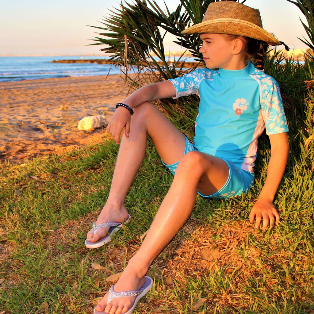 California Sunshine Turquoise Floral Kids Short Sleeve Rash Vest Age 4-11yrs - Jody and Lara
