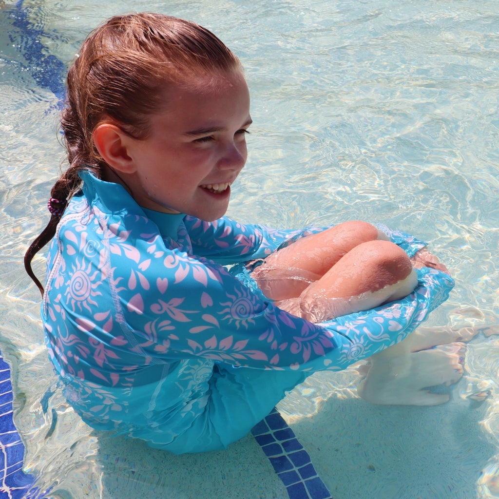 California Sunshine Turquoise Kids Swim Shorts with large white floral print Age 4-11yrs - Jody and Lara