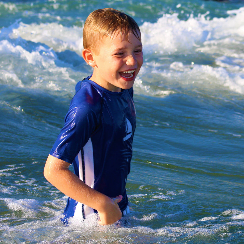 Sea Breeze White Sailboat Print on Kids Navy Short Sleeve Rash Vest