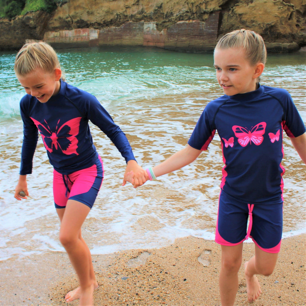 Beach Butterfly Chest Print on Kids Indigo Short Sleeve Rash Vest Age 4-11 years - Jody and Lara