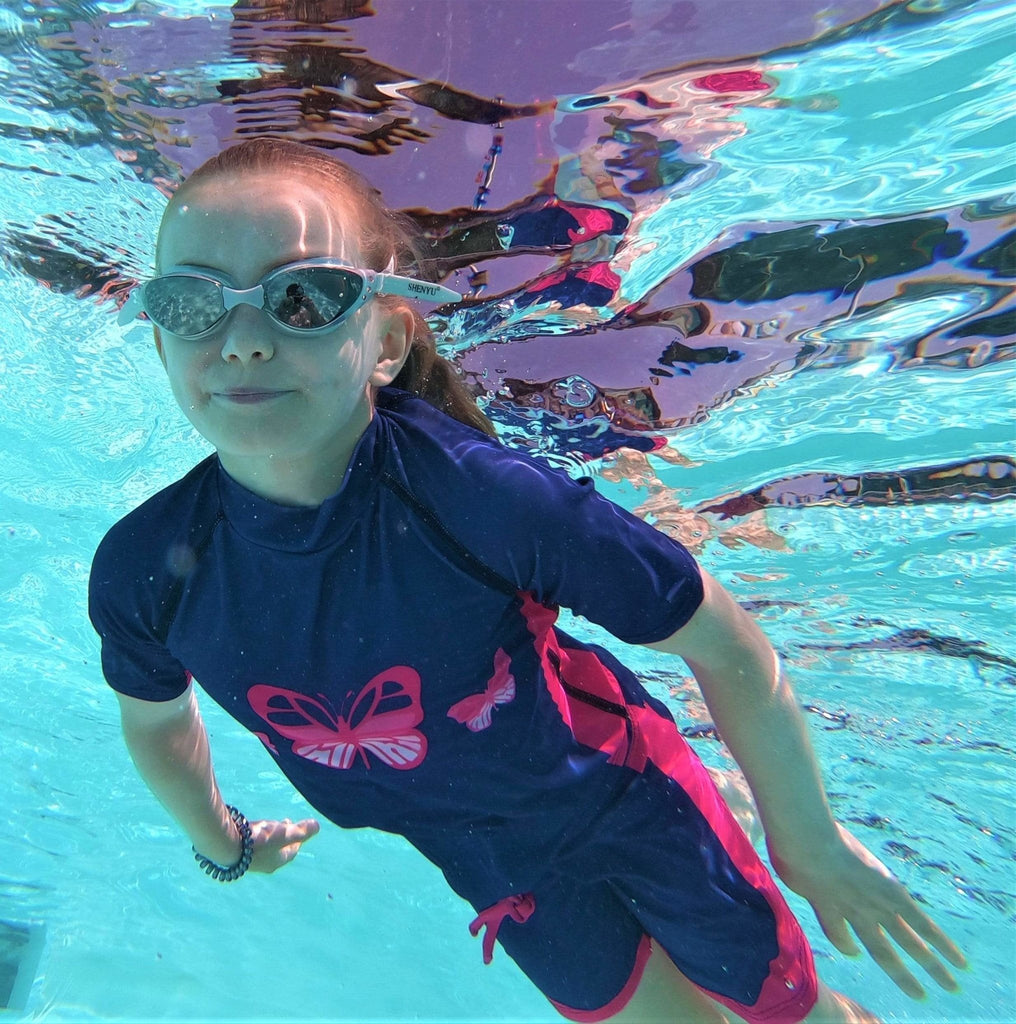 Beach Butterfly Chest Print on Kids Indigo Short Sleeve Rash Vest Age 4-11 years - Jody and Lara