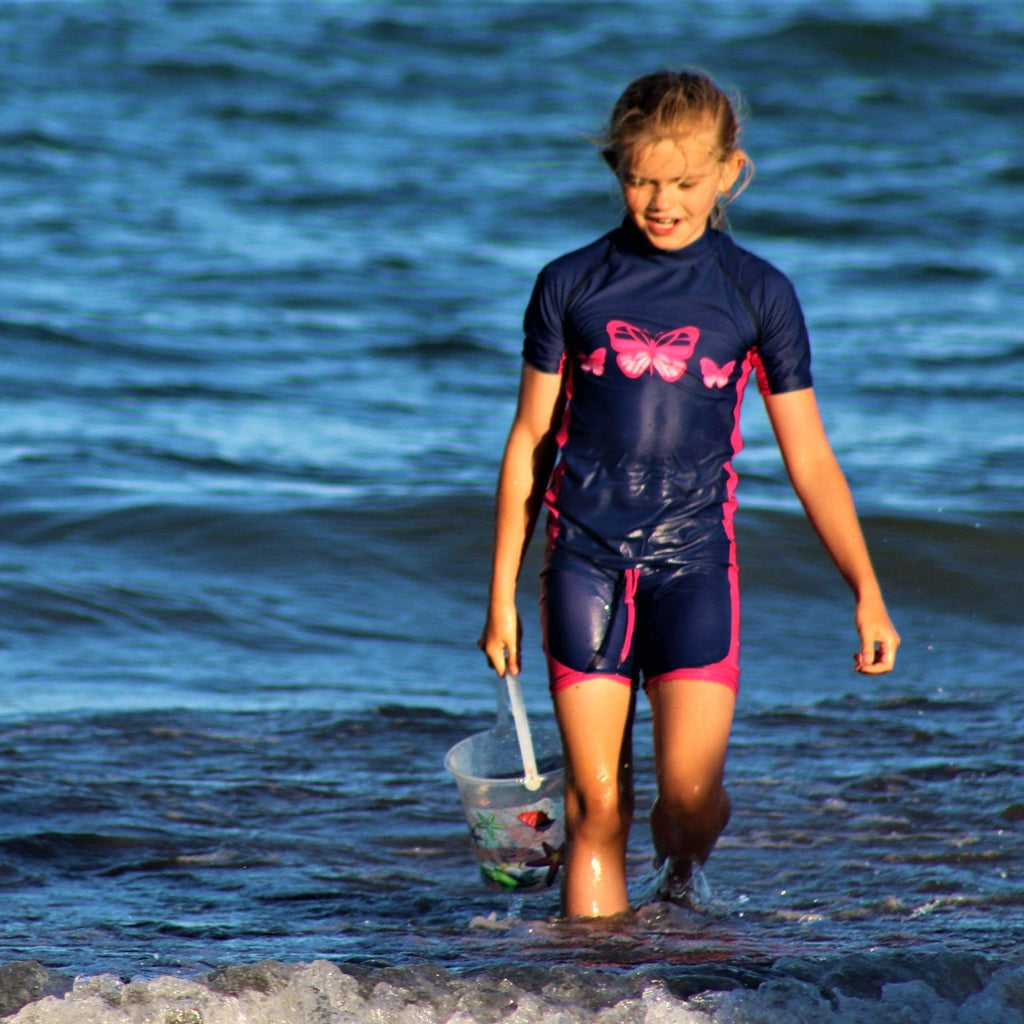 Beach Butterfly Chest Print on Kids Indigo Short Sleeve Rash Vest Age 4-11 years - Jody and Lara