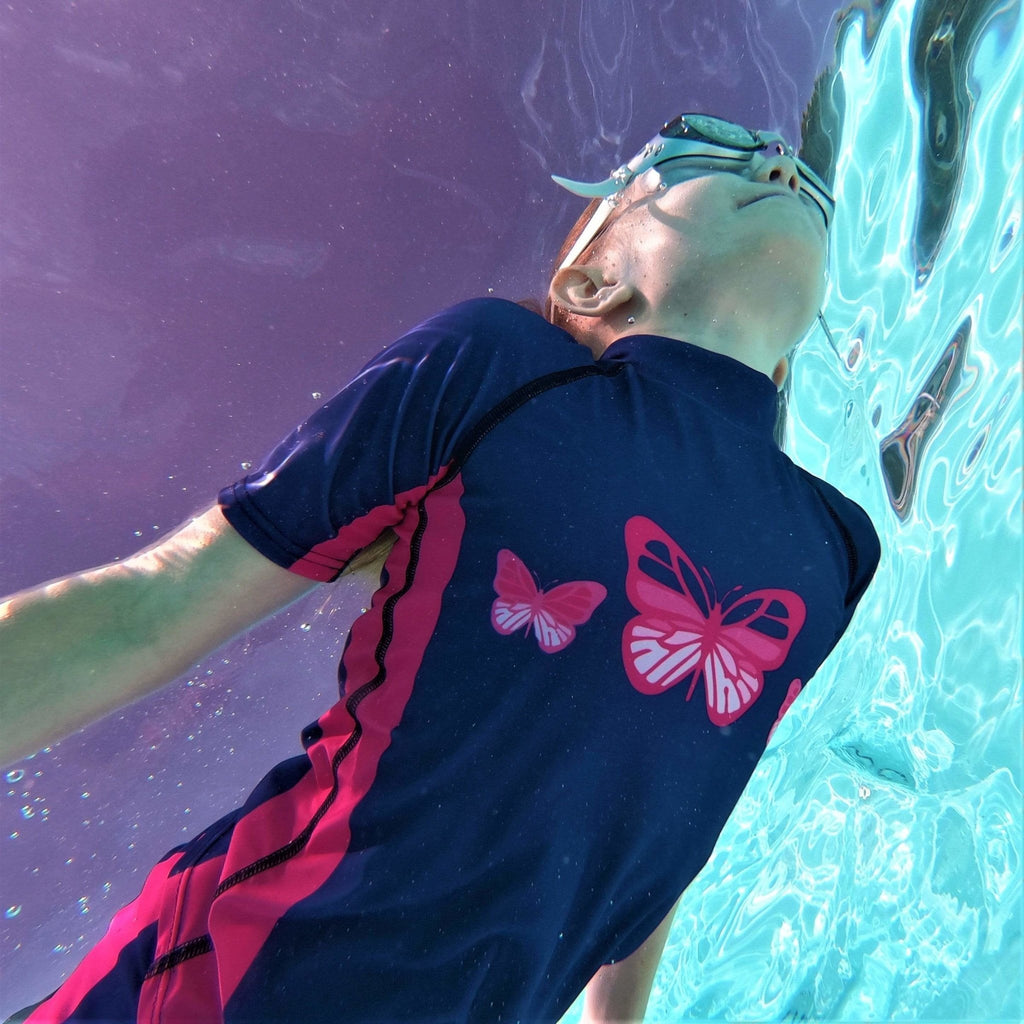 Beach Butterfly Chest Print on Kids Indigo Short Sleeve Rash Vest Age 4-11 years - Jody and Lara