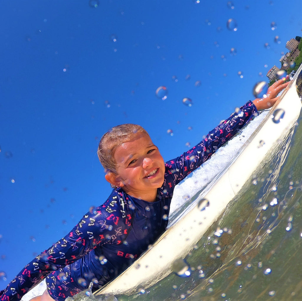 Beach Butterfly Kids butterfly Print Long Sleeve Rash Vest pink and indigo Ages 4-11 years - Jody and Lara