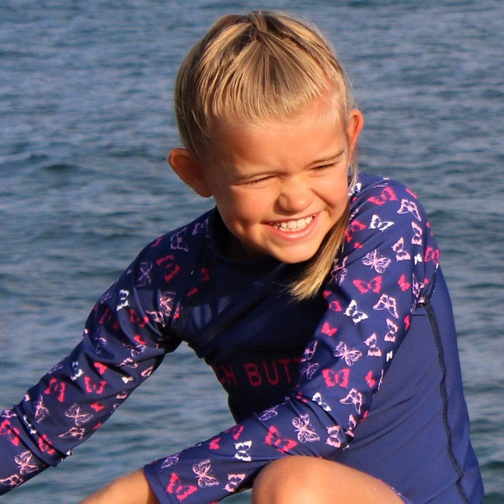Beach Butterfly Kids butterfly Print Long Sleeve Rash Vest pink and indigo Ages 4-11 years - Jody and Lara