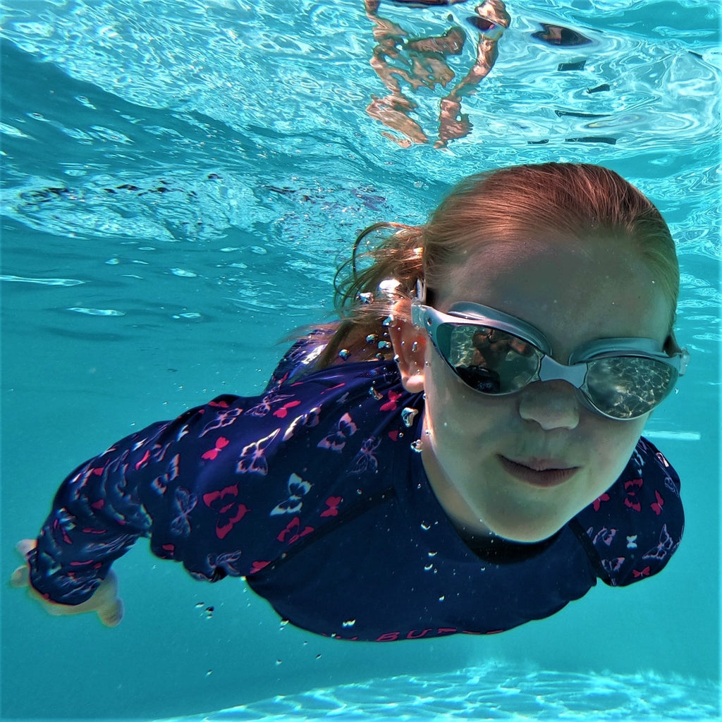Beach Butterfly Kids butterfly Print Long Sleeve Rash Vest pink and indigo Ages 4-11 years - Jody and Lara