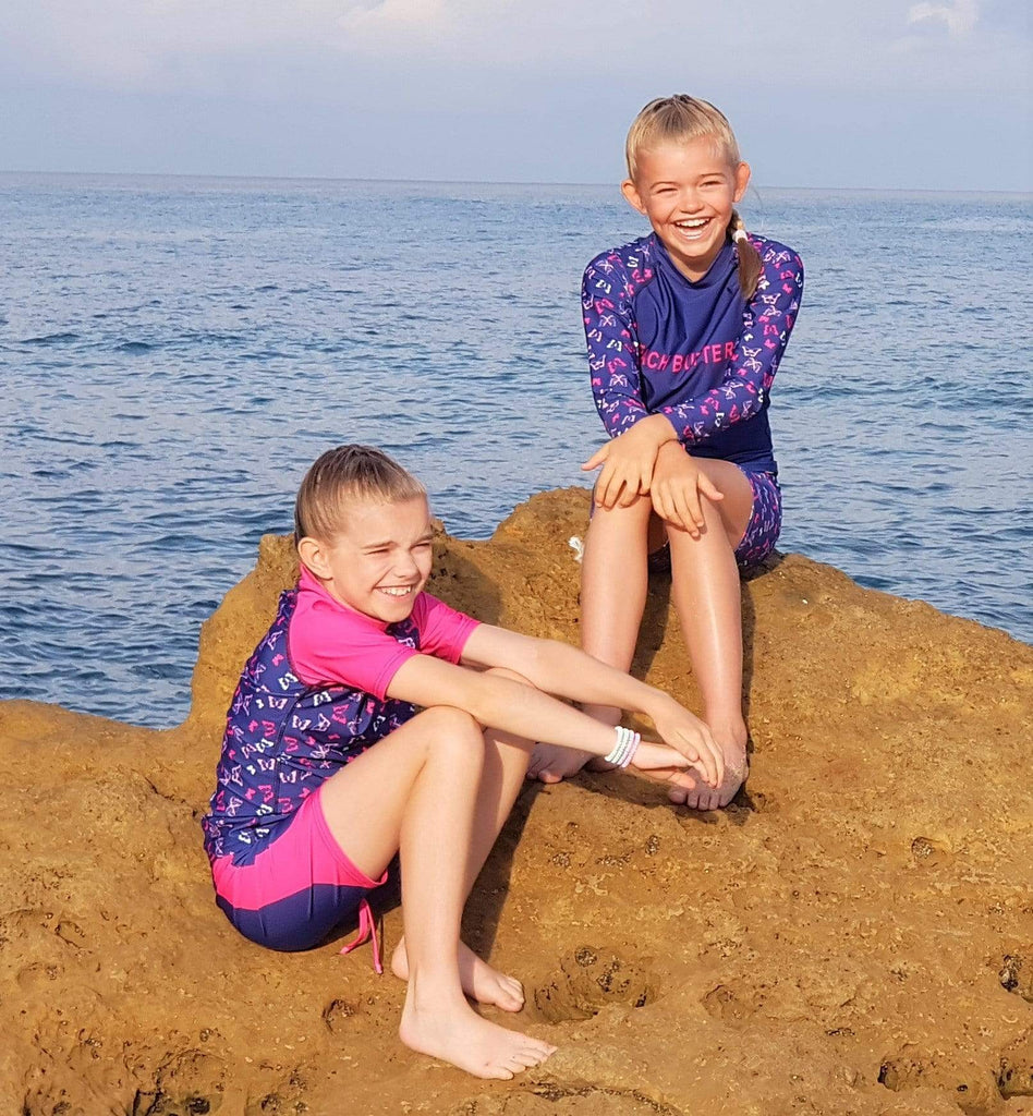 Beach Butterfly Kids butterfly Print Long Sleeve Rash Vest pink and indigo Ages 4-11 years - Jody and Lara