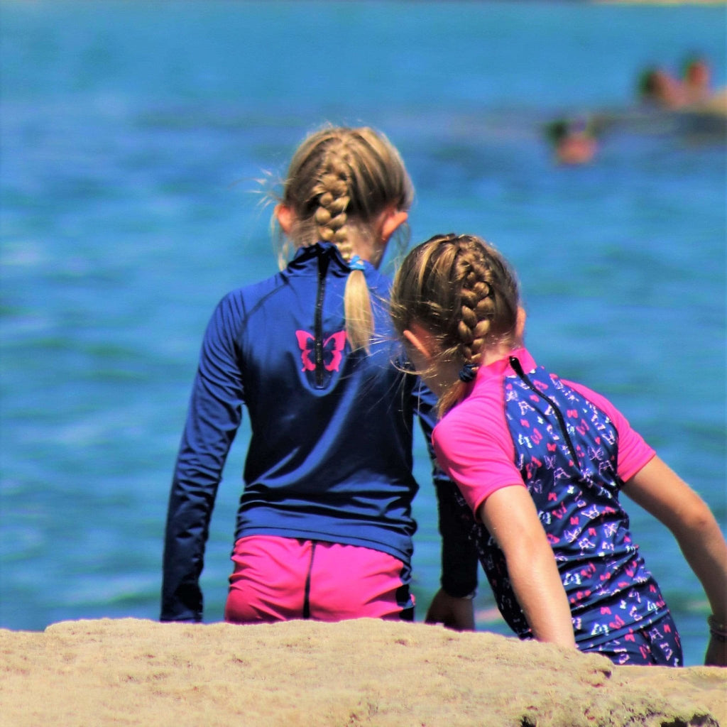 Beach Butterfly Kids Hot Pink Swim Shorts with Indigo side stripe Ages 4-11yrs - Jody and Lara
