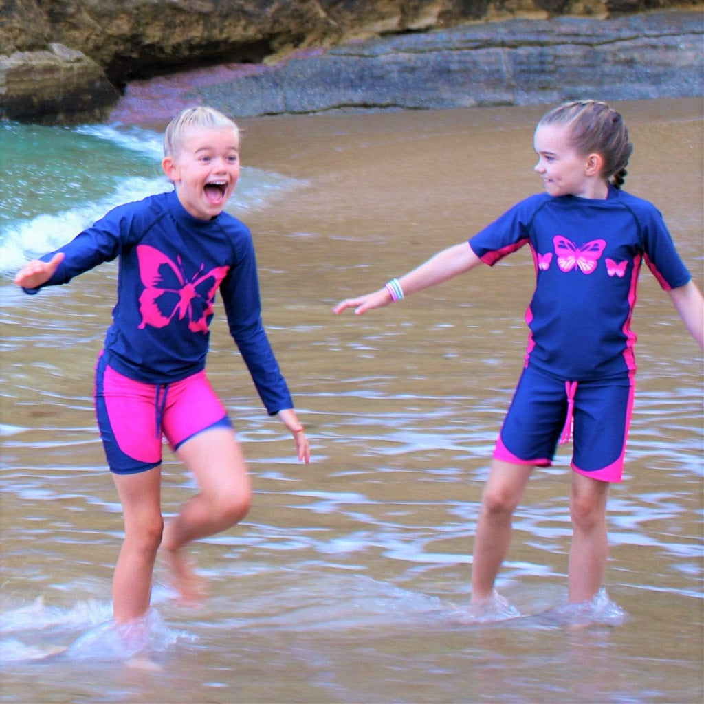 Beach Butterfly Kids Hot Pink Swim Shorts with Indigo side stripe Ages 4-11yrs - Jody and Lara