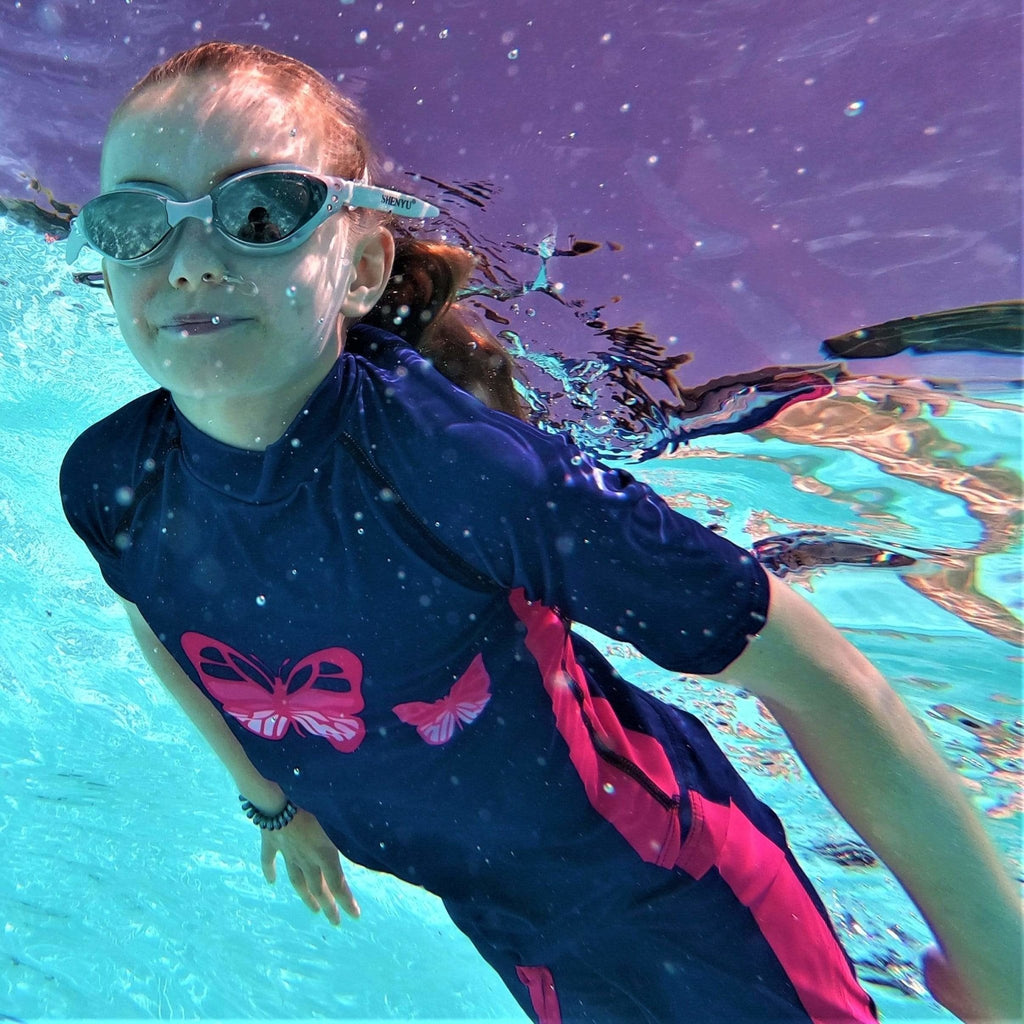 Beach Butterfly Kids Indigo Swim Shorts with Pink side stripe Age 4-11yrs - Jody and Lara