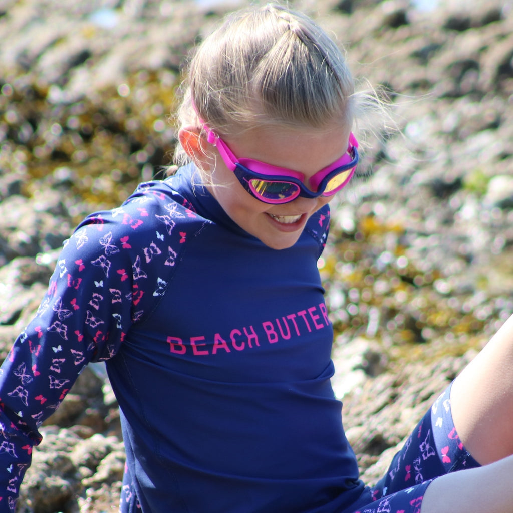 Beach Butterfly Pink and Indigo Kids Adult Mirrored tinted lenses UV400 Swimming Goggles Age 7 and Upwards - Jody and Lara
