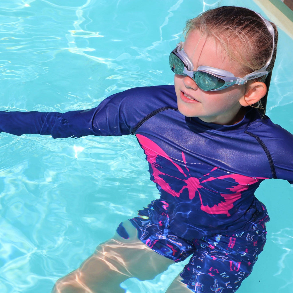 Beach Butterfly Pink Chest Print on Kids Indigo Long Sleeve Rash Vest Age 4-11 yrs - Jody and Lara
