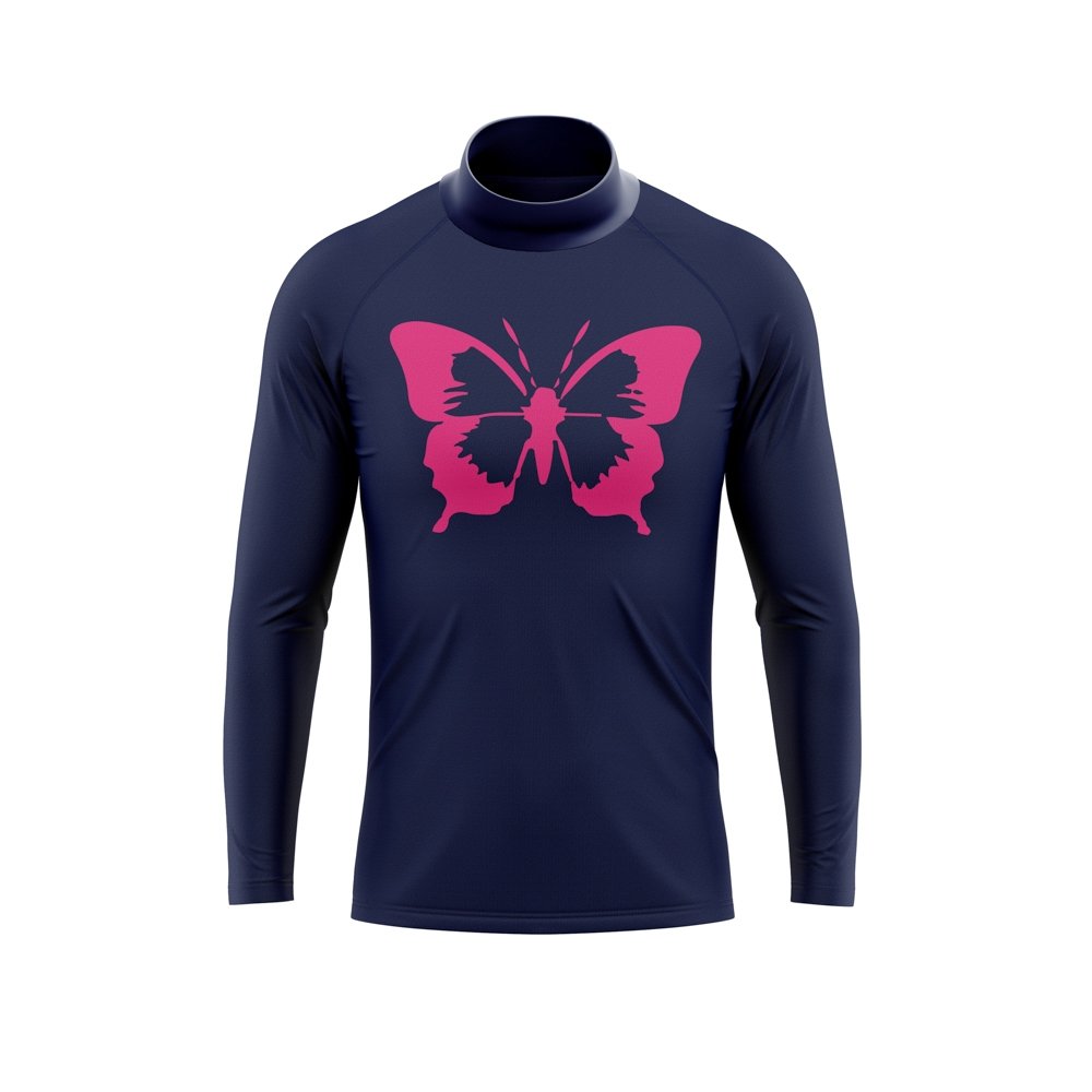Beach Butterfly Pink Chest Print on Kids Indigo Long Sleeve Rash Vest Age 4-11 yrs - Jody and Lara