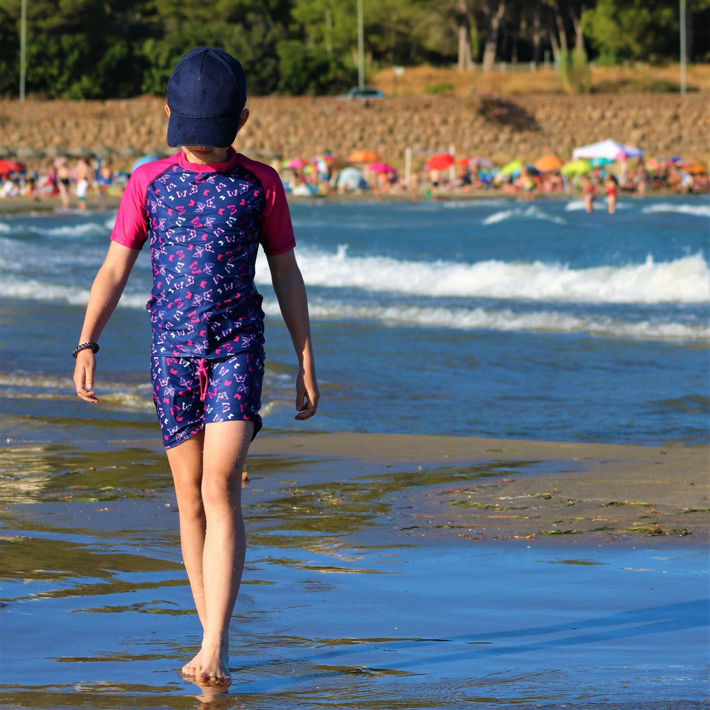 Beach Butterfly Print Kids Short Sleeve Rash Vest Indigo and Pink Age 4-11yrs - Jody and Lara