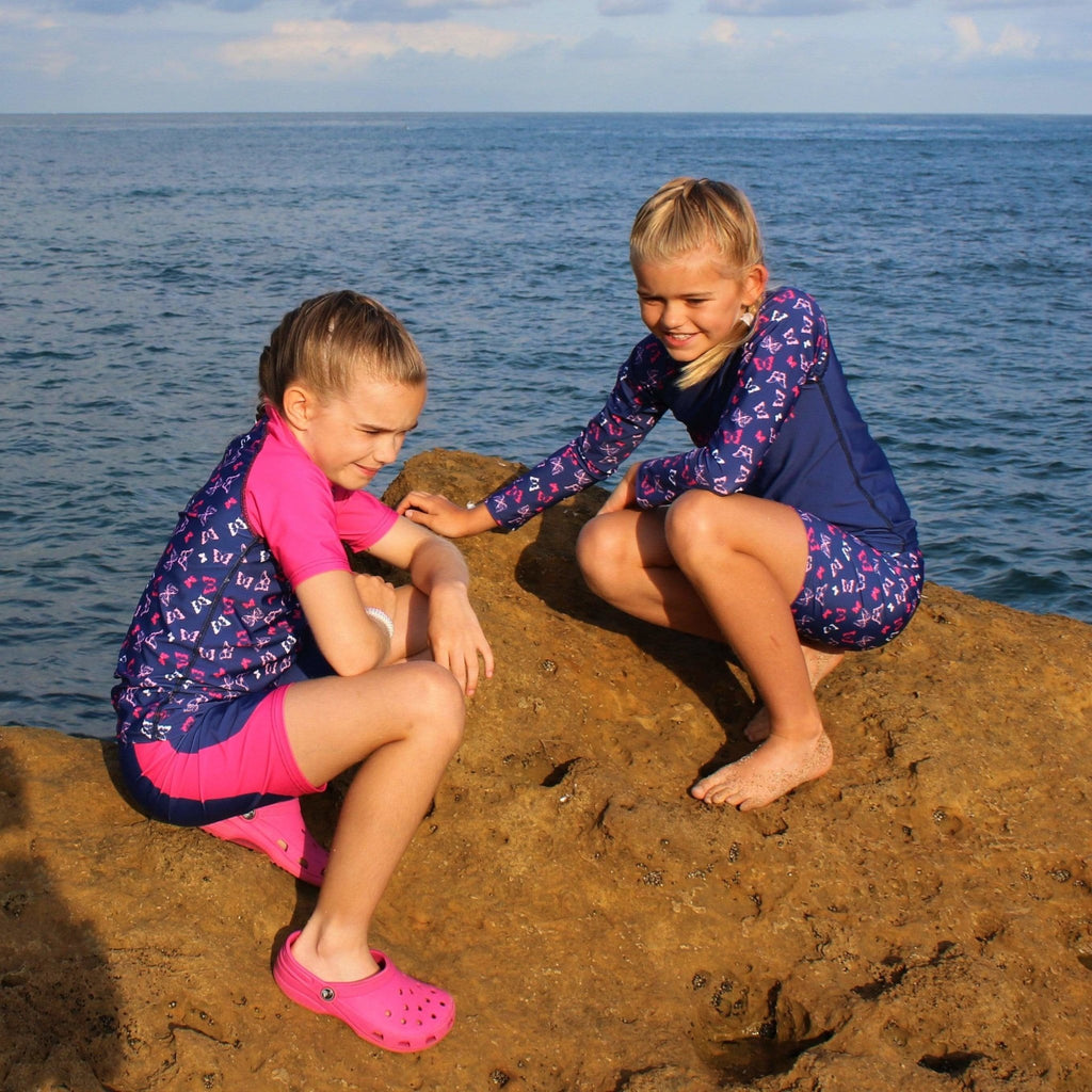 Beach Butterfly Print Kids Swim Shorts Indigo and Pink Ages 4-11 years - Jody and Lara