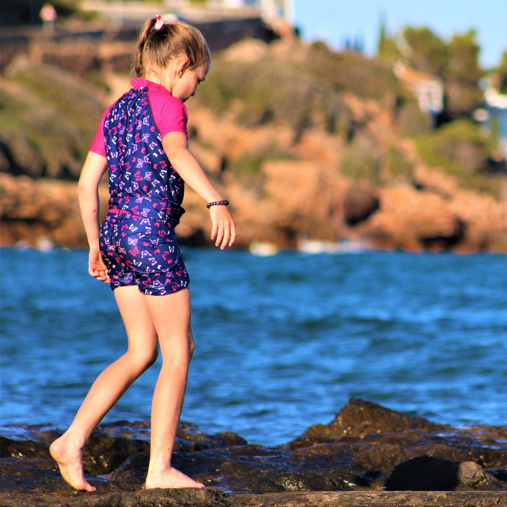 Beach Butterfly Print Kids Swim Shorts Indigo and Pink Ages 4-11 years - Jody and Lara