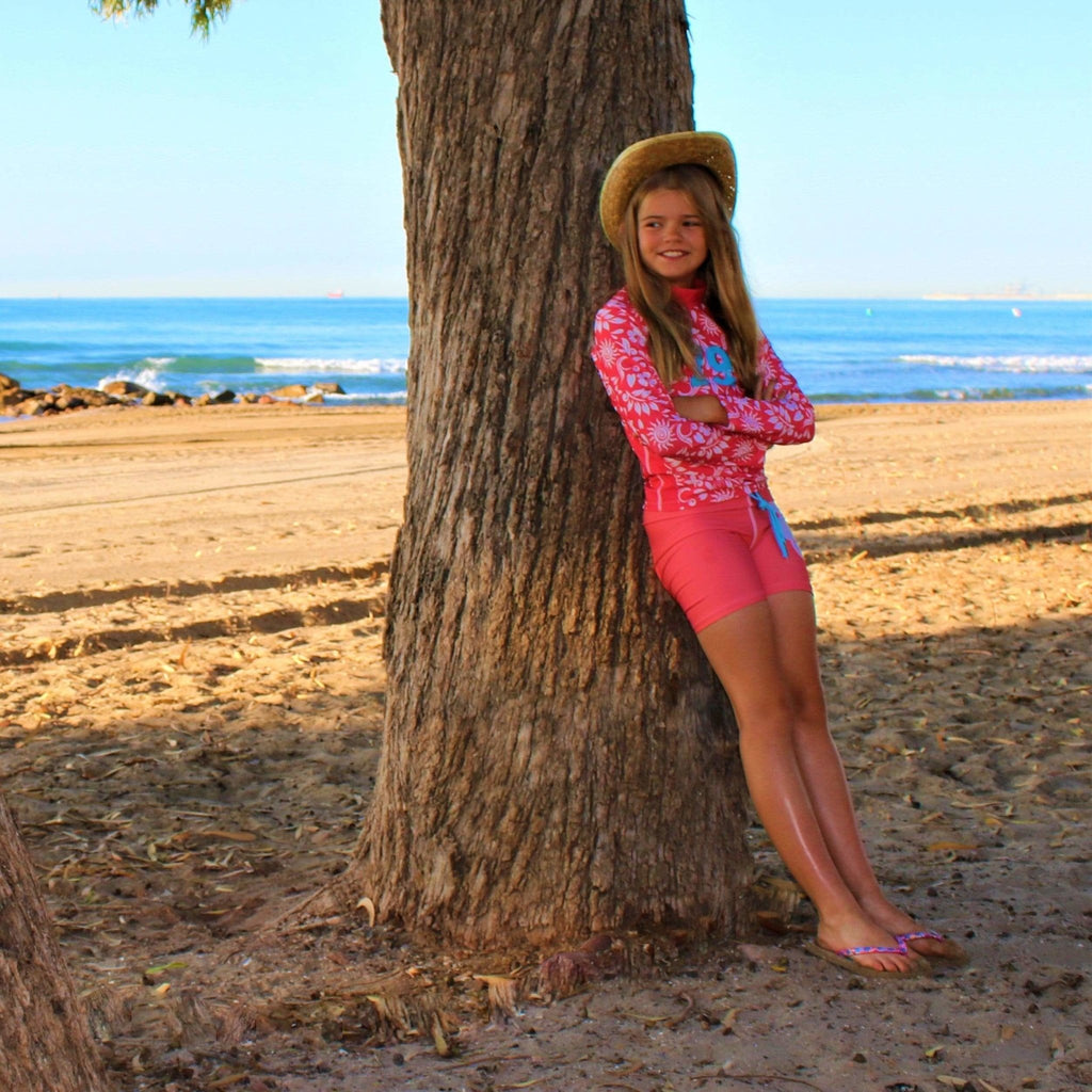 California Sunshine Coral and White Kids Long Sleeve Rash Vest age 4-11yrs - Jody and Lara