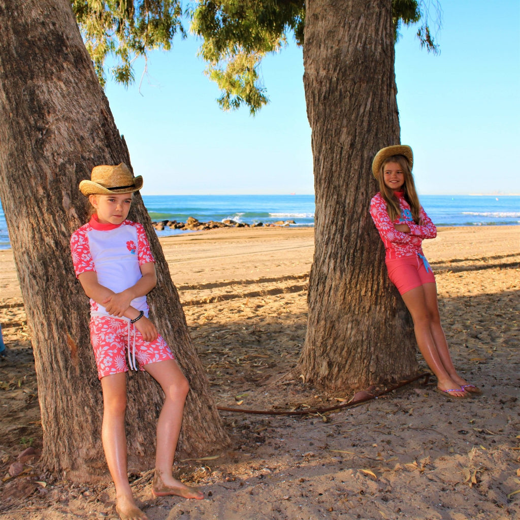 California Sunshine Kids Coral and White floral Printed Swim Shorts Age 4-11yrs - Jody and Lara