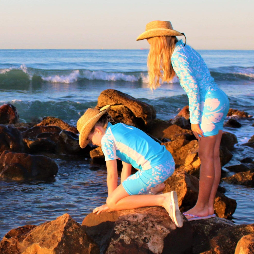 California Sunshine Turquoise and White Floral printed Kids Long Sleeve Rash Vest Age 4-11yrs - Jody and Lara