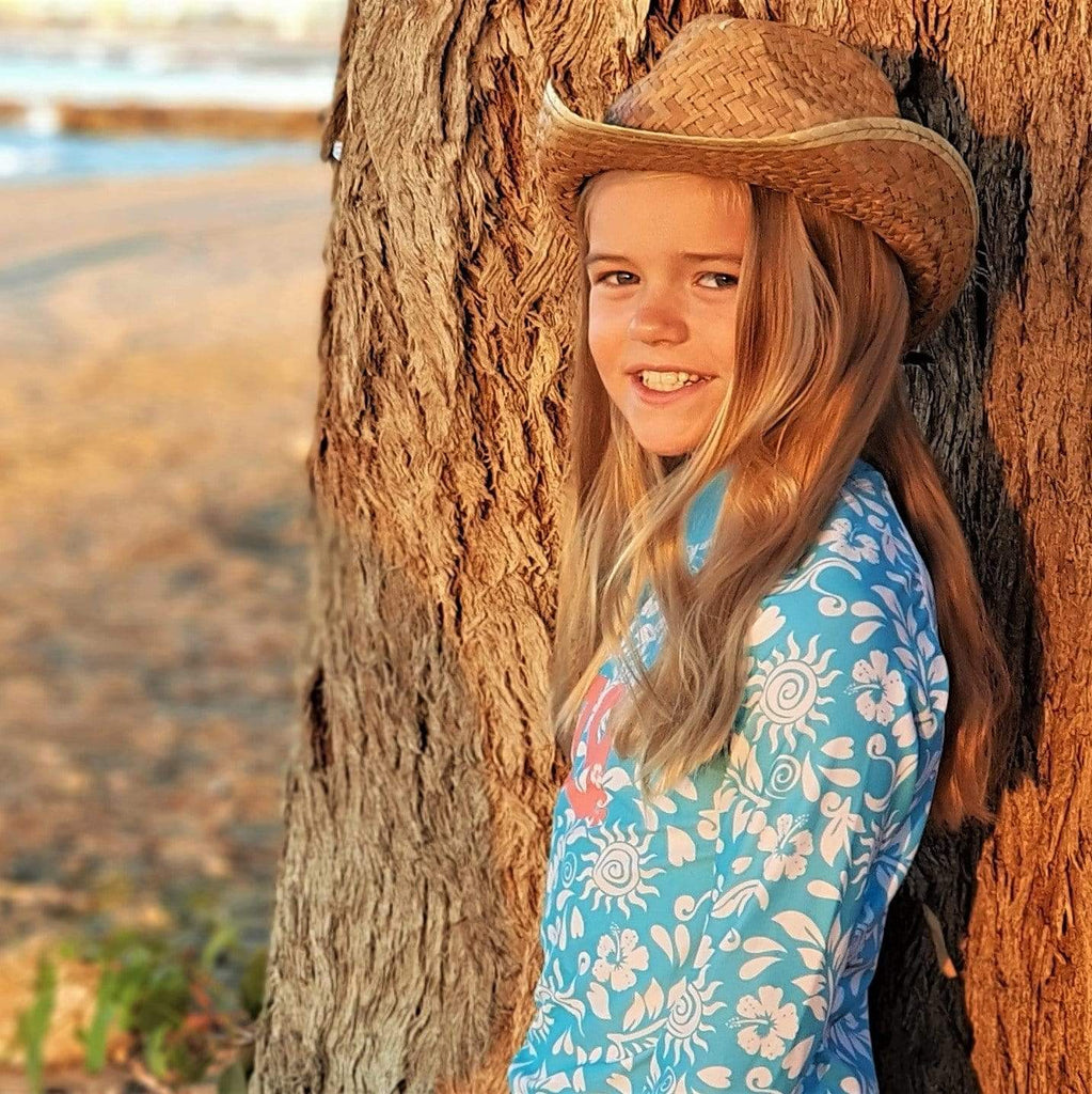 California Sunshine Turquoise and White Floral printed Kids Long Sleeve Rash Vest Age 4-11yrs - Jody and Lara