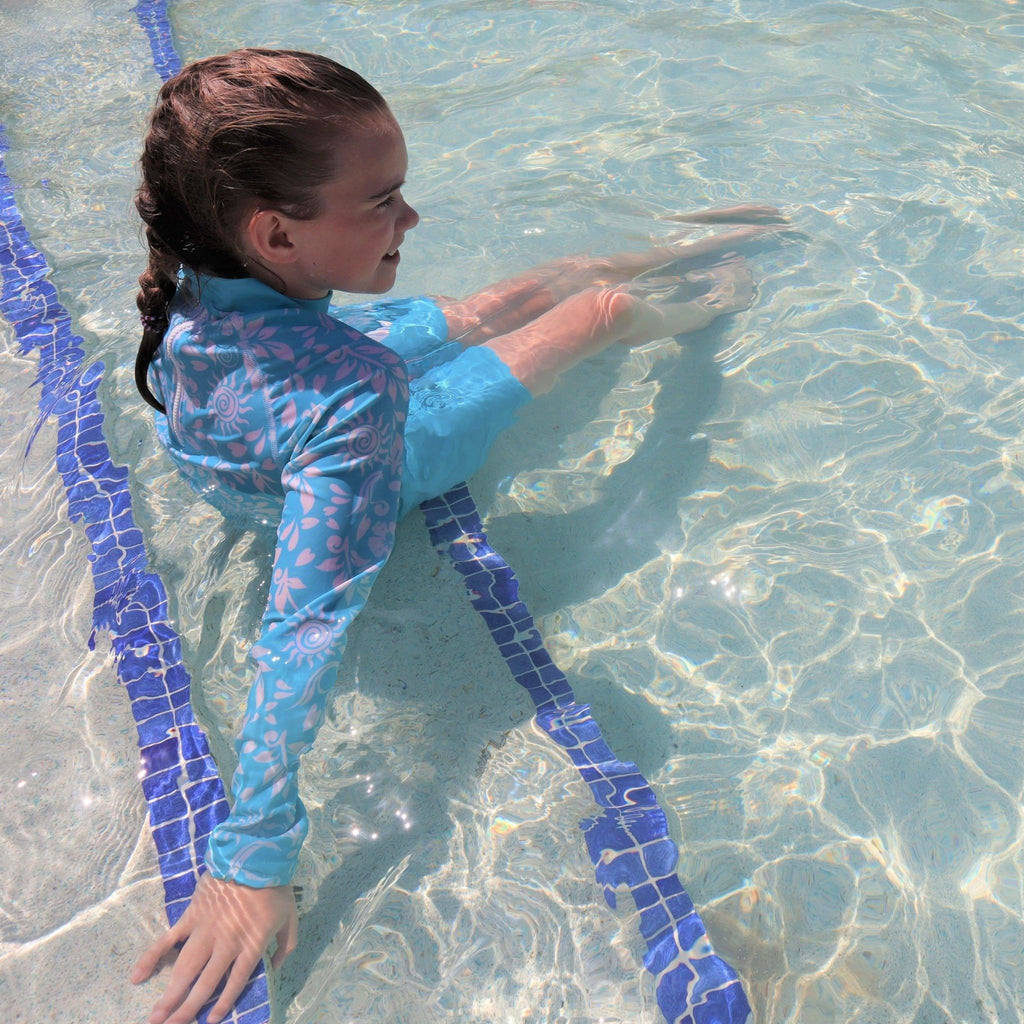 California Sunshine Turquoise and White Floral printed Kids Long Sleeve Rash Vest Age 4-11yrs - Jody and Lara