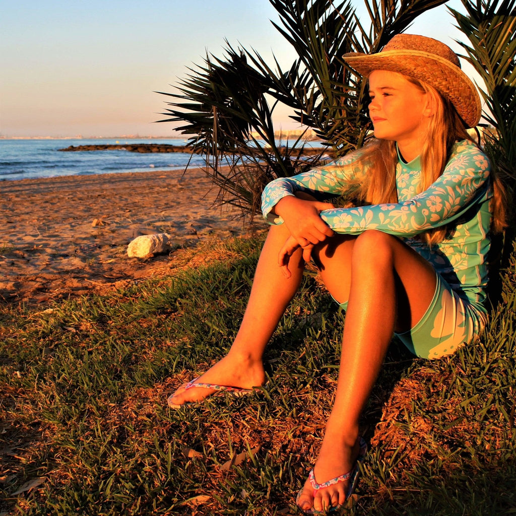 California Sunshine Turquoise and White Floral printed Kids Long Sleeve Rash Vest Age 4-11yrs - Jody and Lara