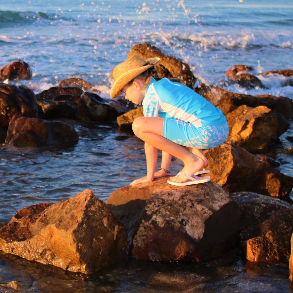 California Sunshine Turquoise and White floral Printed Kids Swim Shorts Age 4-11yrs - Jody and Lara