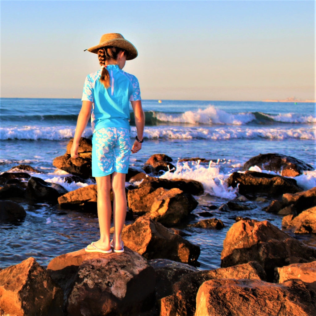 California Sunshine Turquoise Floral Kids Short Sleeve Rash Vest Age 4-11yrs - Jody and Lara