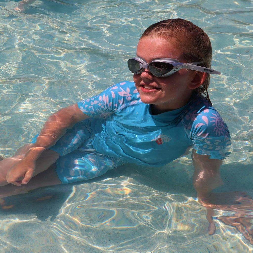 California Sunshine Turquoise Floral Kids Short Sleeve Rash Vest Age 4-11yrs - Jody and Lara