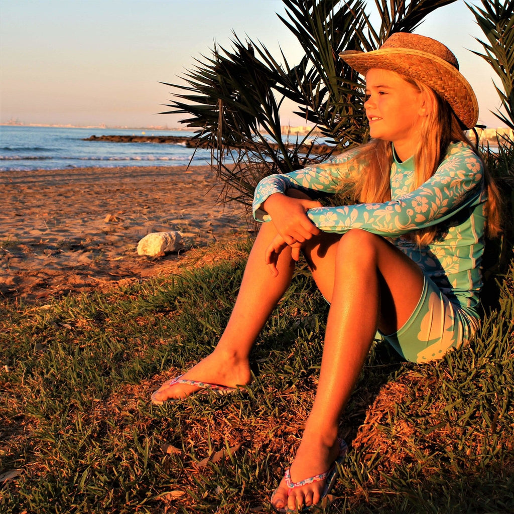 California Sunshine Turquoise Kids Swim Shorts with large white floral print Age 4-11yrs - Jody and Lara
