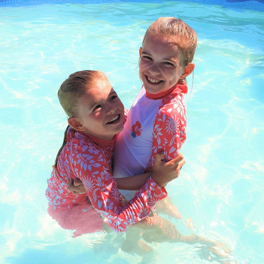 California Sunshine White and Coral Kids Short Sleeve Rash Vest Age 4-11yrs - Jody and Lara