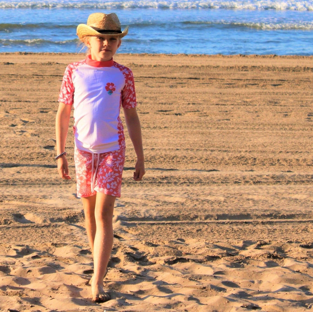 California Sunshine White and Coral Kids Short Sleeve Rash Vest Age 4-11yrs - Jody and Lara