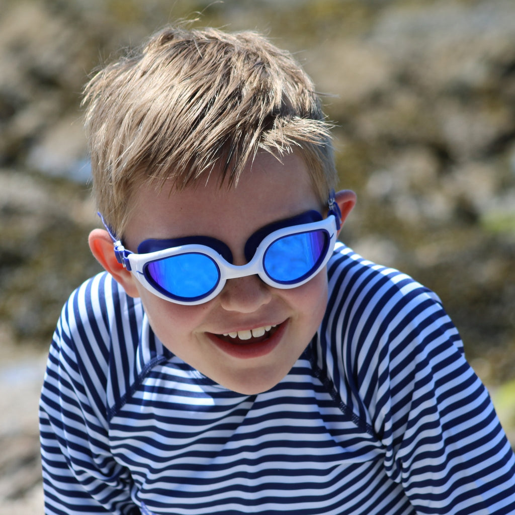 Sea Breeze Navy White Kids Adult Mirrored tinted lenses UV400 Swimming Goggles Age 7 and Upwards - Jody and Lara