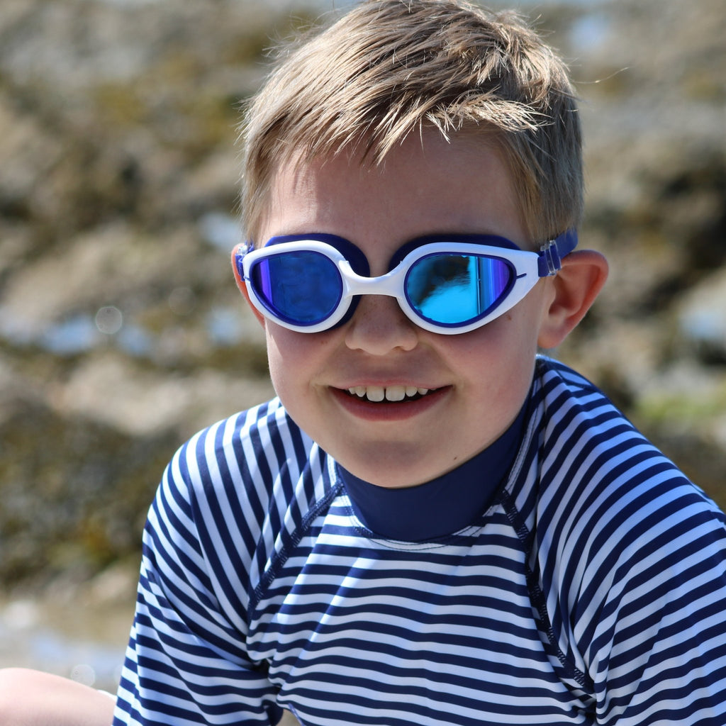Sea Breeze Navy White Kids Adult Mirrored tinted lenses UV400 Swimming Goggles Age 7 and Upwards - Jody and Lara