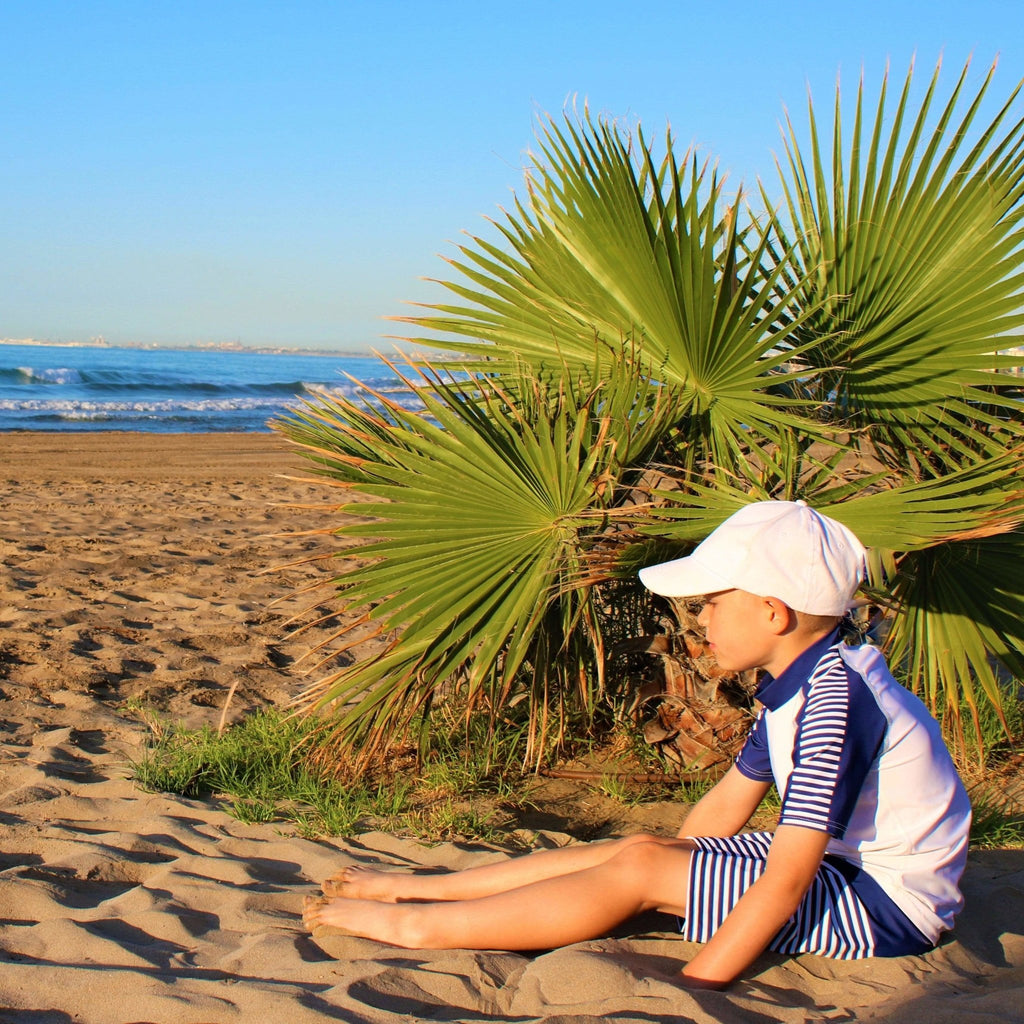 Sea Breeze White Kids Rash Vest with Navy and White stripes sleeves Age 4-11yrs - Jody and Lara