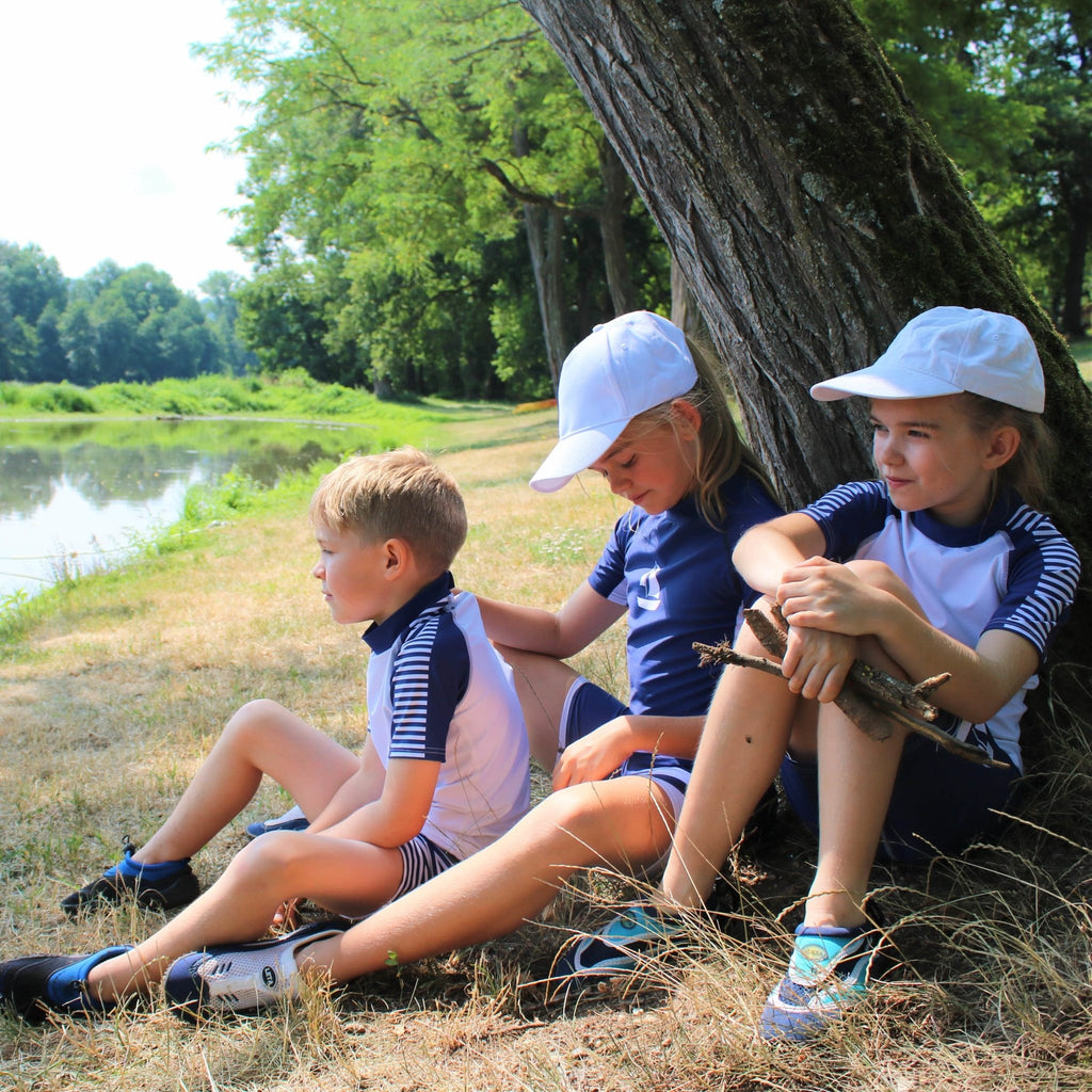 Sea Breeze White Kids Rash Vest with Navy and White stripes sleeves Age 4-11yrs - Jody and Lara