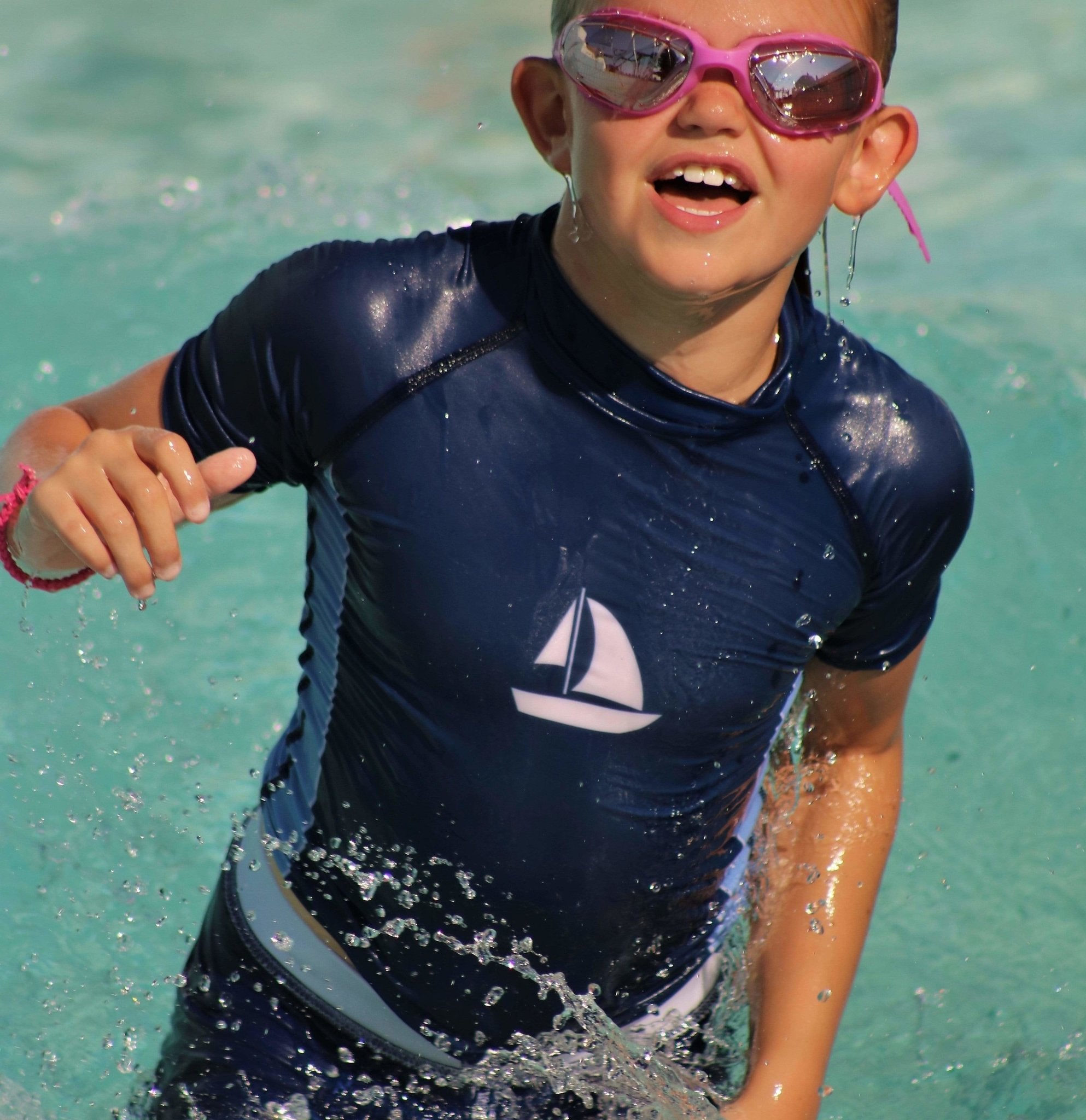 Kids Boys Girls UPF 50+ Swimwear Short Sleeve Sailboat Print Rash
