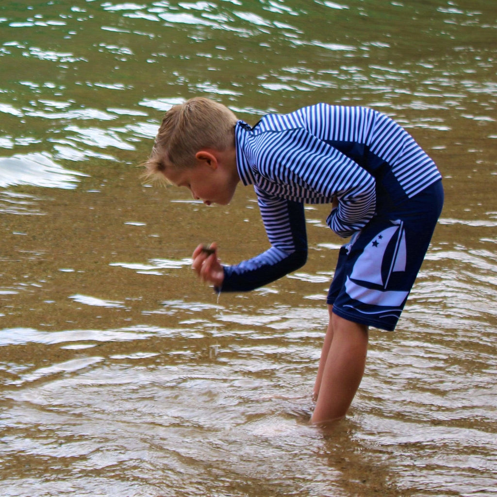 Sea Breeze White Sailboat Print on Kids Navy Swim Shorts Age 4-11yrs - Jody and Lara