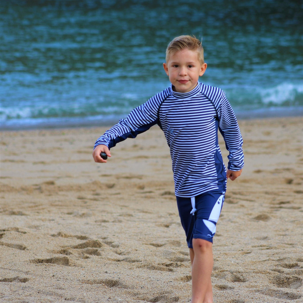 Sea Breeze White Sailboat Print on Kids Navy Swim Shorts Age 4-11yrs - Jody and Lara