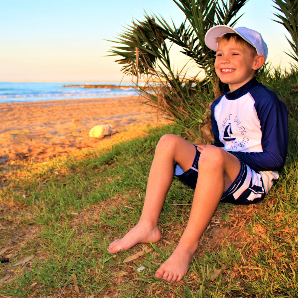 Sea Breeze White Sailboat Print on Kids Navy Swim Shorts Age 4-11yrs - Jody and Lara